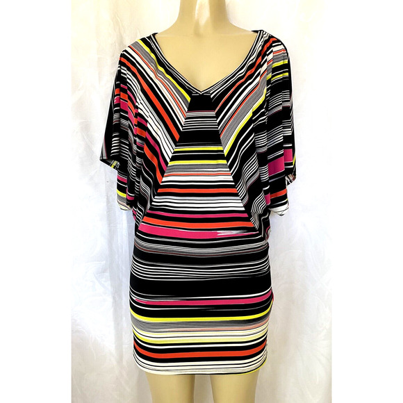 Trina Turk Patterson Striped Dress Multi Color Flutter Sleeve V Neck Min… - Picture 2 of 5